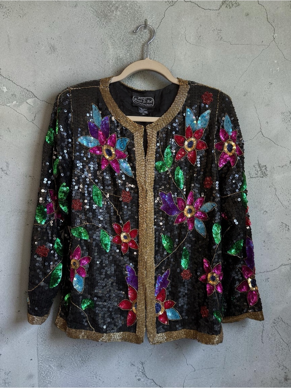 Vintage 100% Silk Hand Beaded Sequin Floral Trophy Cardigan Jacket M - Picture 2 of 15